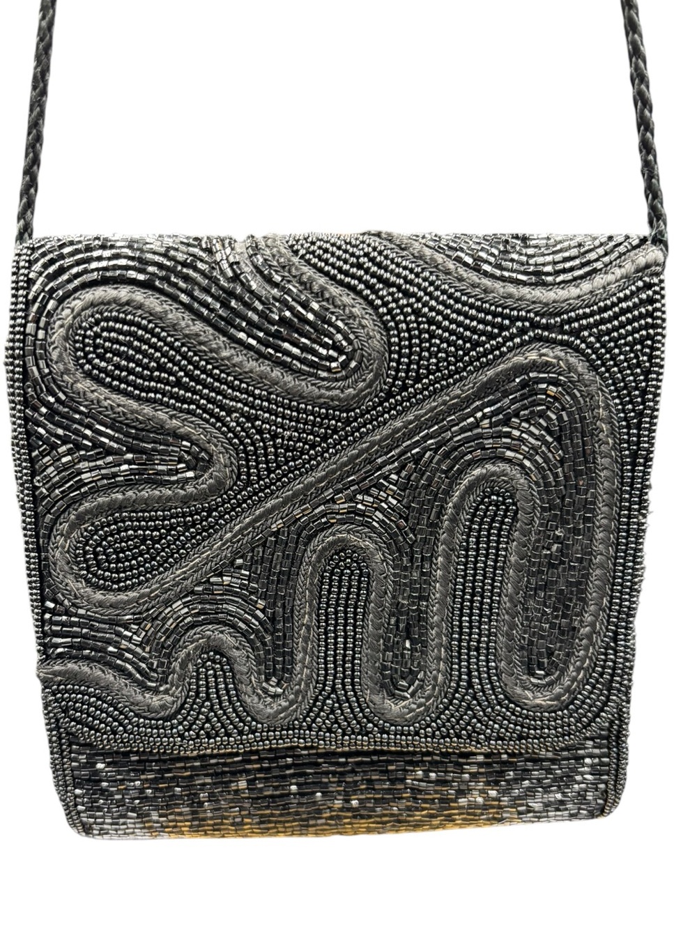 Vintage Robinsons Black Beaded Evening Bag Art Deco Swirl Shoulder Purse